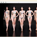 Six Women Wearing Colorful Striped Bikinis Standing In A Row With Black Background
