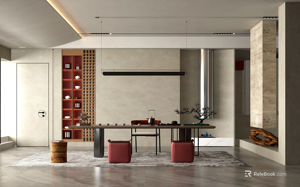 Modern Tea Room Interior With Red Bookshelf Long Table Red Stools And Hanging Pendant Light 3d model