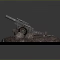 Vintage Military Cannon Model Placed on Circular Base with Decorative Rocks