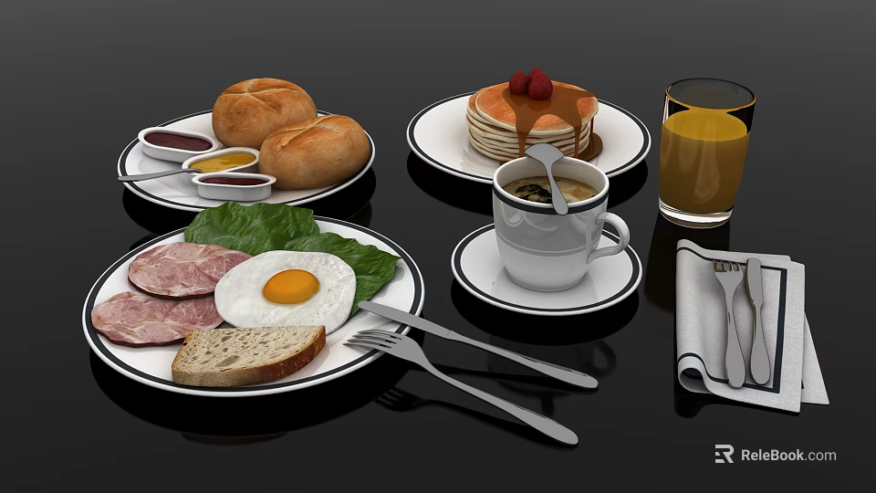 Delicious Breakfast Spread With Pancakes Fried Egg Ham Toast Buns Coffee And Orange Juice 3d model 