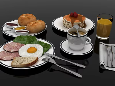 Delicious Breakfast Spread With Pancakes Fried Egg Ham Toast Buns Coffee And Orange Juice 3d model