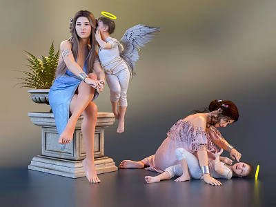 Women Interacting With Winged Haloed Angels And Children By Stone Pedestal Plant 3d model