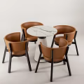 Elegant Dining Table Set With Round White Marble Top And Brown Leather Chairs 3d model