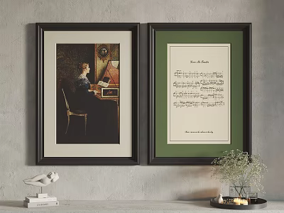 Framed Artwork Wall Decor With Vintage Painting Text Document Sculpture And Vase 3d model