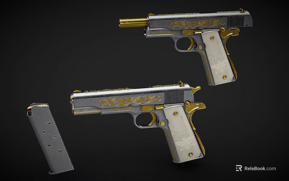Two Engraved Pistols With Gold Accents Light Colored Grips And Magazine 3d model 