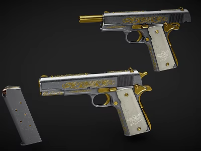 Two Engraved Pistols With Gold Accents Light Colored Grips And Magazine 3d model