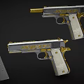 Two Engraved Pistols With Gold Accents Light Colored Grips And Magazine