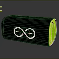 Black Cylindrical Device With Green Edge And White Infinity Plus Symbol On Reflective Surface