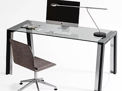 Modern Glass Top Desk with Metal Frame Computer Monitor Keyboard Desk Lamp and Gray Chair 3d model