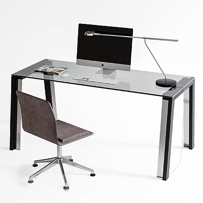 Modern Glass Top Desk with Metal Frame Computer Monitor Keyboard Desk Lamp and Gray Chair 3d model