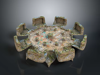 Ancient Circular Ruin Structure Featuring Weathered Moss Covered Stone Blocks And Recessed Areas 3d model