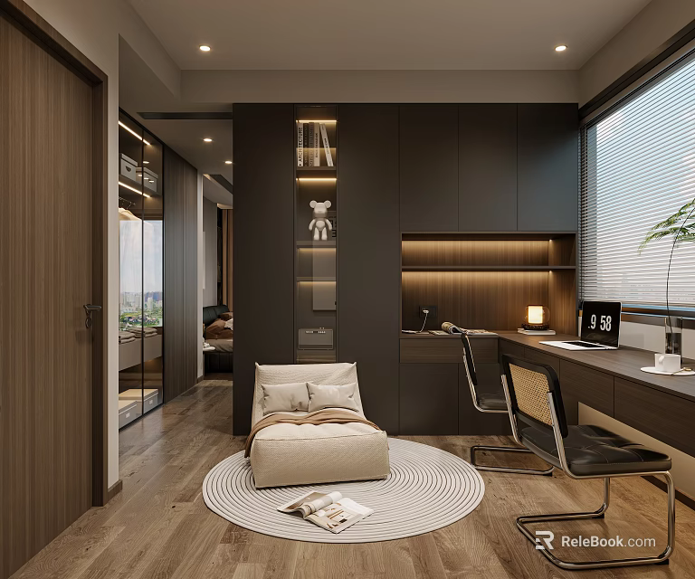 Modern Home Office Interior With Dark Cabinets Desk Laptop And Beige Ottoman On Round Rug 3d model 
