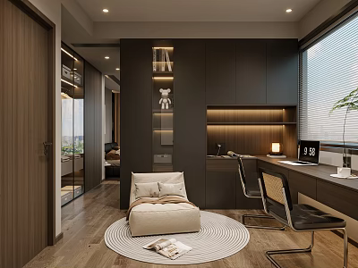 Modern Home Office Interior With Dark Cabinets Desk Laptop And Beige Ottoman On Round Rug 3d model