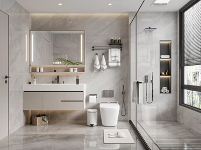 Modern Bathroom Interior With Marble Walls Glass Shower Vanity And Backlit Mirror 3d model