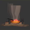 Traditional Long Handled Pan For Outdoor Cooking With Flame Firewood And Meat Pieces