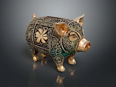 Decorative Piggy Bank As Household Item With Ornate Gold Black Patterns And Intricate Carvings 3d model