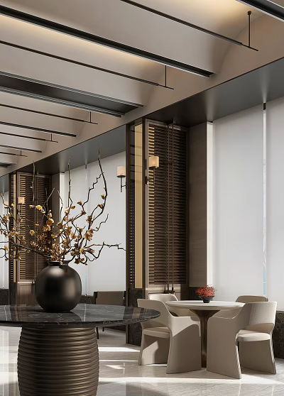 Contemporary Hotel Public Lounge Interior Design With Decorative Vase And Cozy Seats 3d model