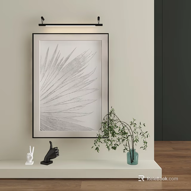 Abstract Painting Minimalist Line Art On Neutral Wall With Potted Plant And Sculptures 3d model 
