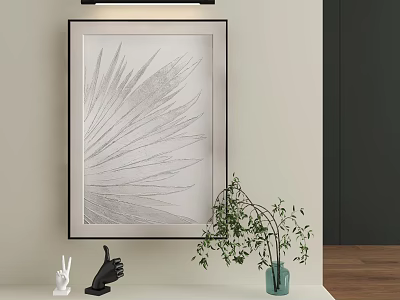 Abstract Painting Minimalist Line Art On Neutral Wall With Potted Plant And Sculptures 3d model