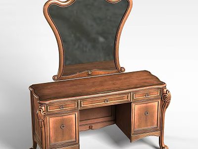 Vintage Wooden Vanity Table With Carved Details Ornate Mirror Drawers And Cabinet Storage 3d model