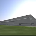Modern Industrial Factory Exterior With Spacious Square Green Lawn And White Architecture
