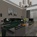 Modern Living and Dining Room Interior With Green Sofa Gray Armchair Coffee Table And Chandelier