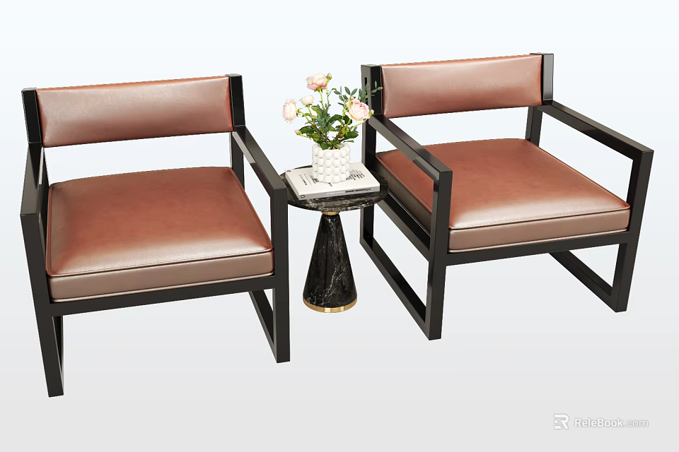 Two Brown Leather Accent Chairs with Black Frames and Small Round Table with Flower Vase 3d model