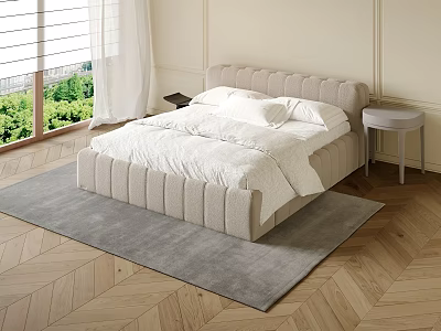 Modern Double Bed In Light Beige Frame With White Bedding On Herringbone Floor 3d model