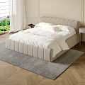 Modern Double Bed In Light Beige Frame With White Bedding On Herringbone Floor