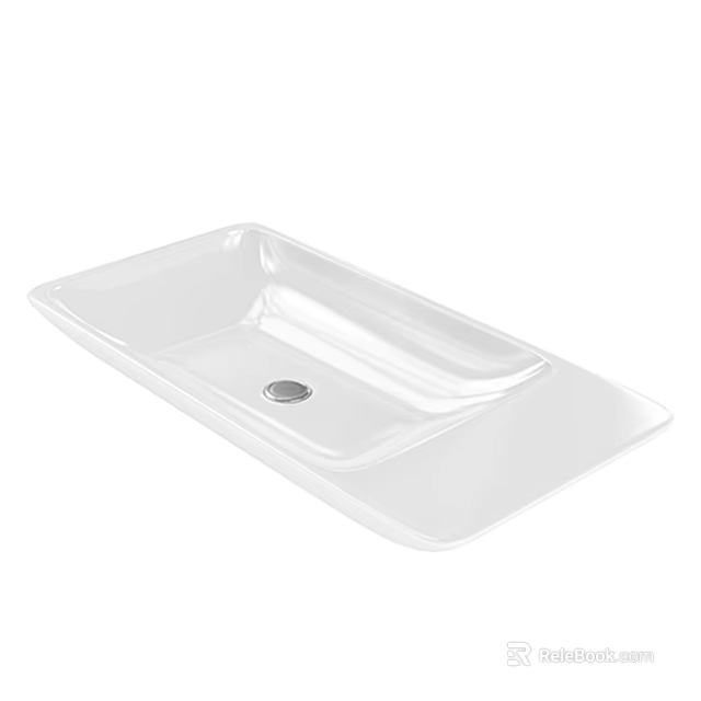 White Rectangular Ceramic Washbasin With Smooth Surface And Central Drain Hole 3d model
