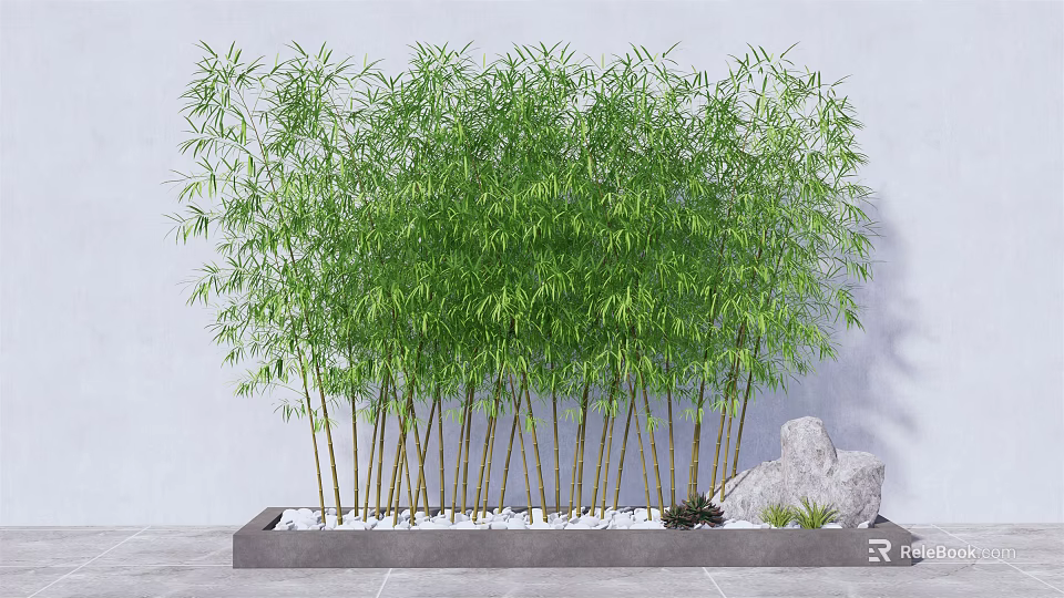 Tall Green Bamboo Plants With Lush Leaves White Pebbles And Decorative Rocks 3d model 
