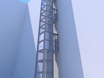 Modern Glass Elevator Exterior Design On White Building With Metal Frame And Balconies 3d model