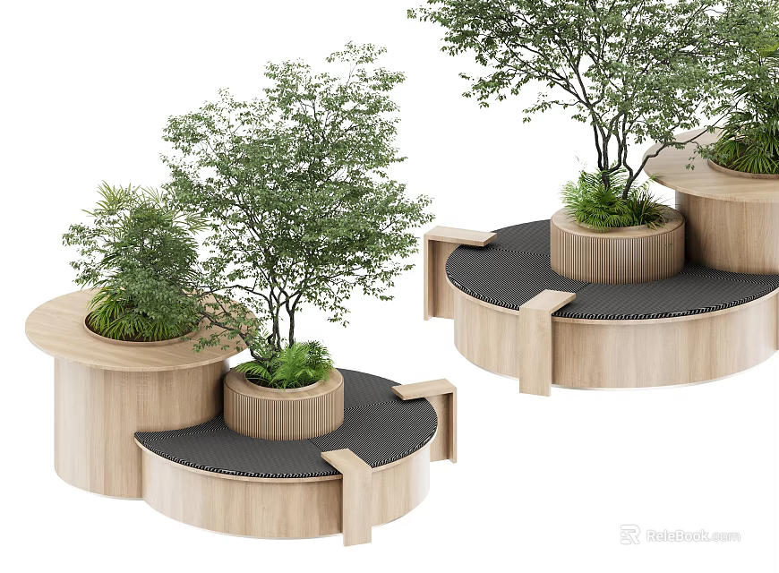 Modern Wooden Plant Decor With Black Circular Platforms And Potted Trees 3d model 