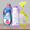 Household Laundry Cleaning Supplies With Blue Purple Brown Detergent And Spray Bottles