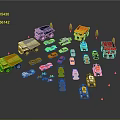 Colorful Toy Cars Various Types Including Trucks And Vehicles With Green Trees And Orange Decorations