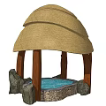 Outdoor Traditional Thatched Pavilion With Wooden Pillars Circular Pool And Stones