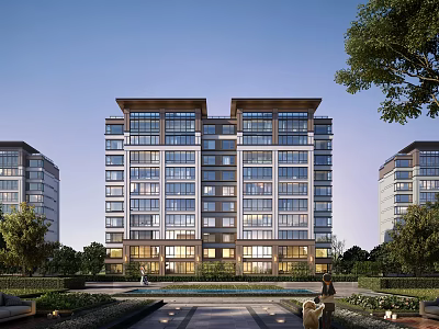 Modern Multi Storey Residential Building Exterior With Large Windows Surrounding Greenery Trees And Lawns 3d model
