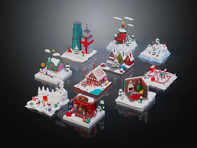 Colorful Miniature Cartoon Scenes Showcasing Snowy Houses Tower Christmas Trees And Festive Details 3d model