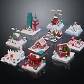 Colorful Miniature Cartoon Scenes Showcasing Snowy Houses Tower Christmas Trees And Festive Details