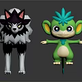 Cartoon Black White Wolf With Pointed Ears And Green Blue Haired Creature