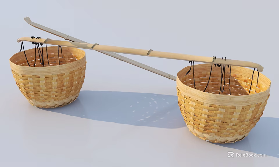 Bamboo Pole With Pair of Handwoven Wicker Baskets For Traditional Use 3d model 