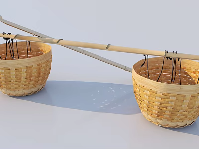 Bamboo Pole With Pair of Handwoven Wicker Baskets For Traditional Use 3d model