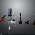Household Cleaning Equipment Featuring Red Vacuum Cleaners White Purifier And Mops On Reflective Gray Surface