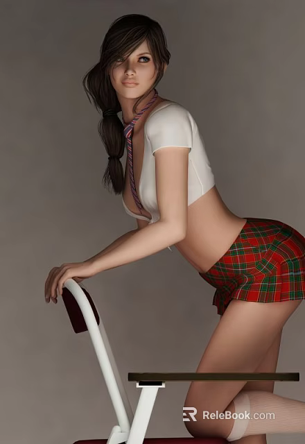 Woman in White Crop Top and Red Plaid Skirt with Braided Hair Leaning on Chair 3d model 