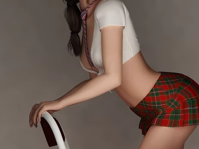 Woman in White Crop Top and Red Plaid Skirt with Braided Hair Leaning on Chair 3d model