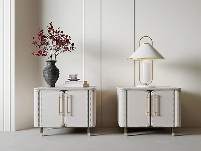 Elegant Minimalist White Bedside Tables with Gold Handles Vase with Red Flowers Books and Lamp 3d model