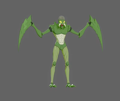Green Humanoid Reptile With Scythe Like Wings Muscular Build Fierce Expression Standing Pose 3d model