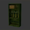 Multi Tiered Green Storage Shelf with Orange Wooden Box and Three Axes