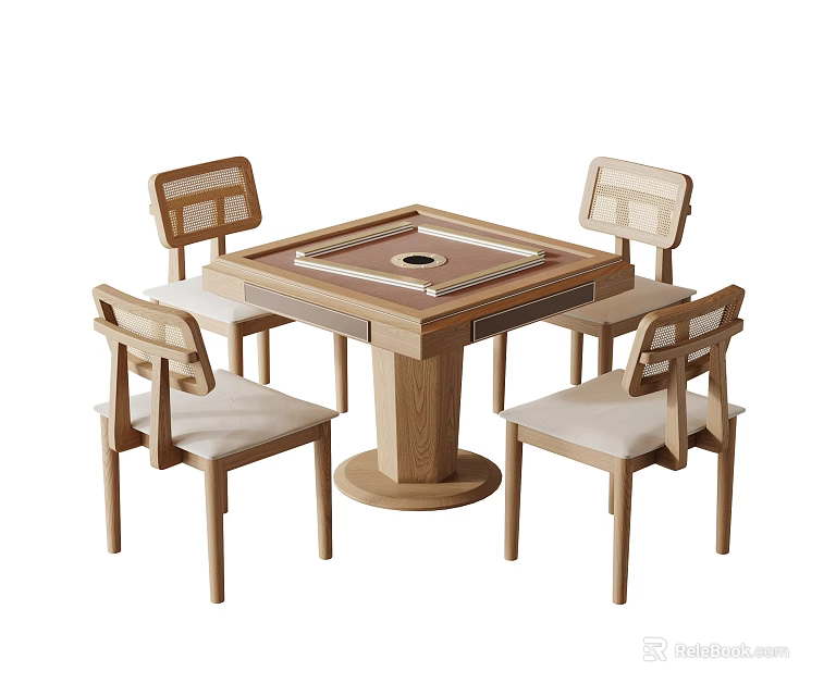 Wooden Mahjong Entertainment Table With Four Upholstered Chairs And Round Base 3d model 