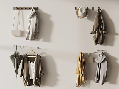 Wall Hooks With Coats Hats Bags And Umbrella In Home Interior 3d model
